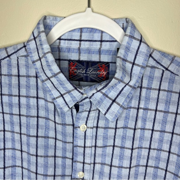 English Laundry Men’s Blue Plaid Linen Blend Button Up Shirt size large - Picture 2 of 10